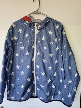 Eddie Bouer Womens Rain Blue Star Print Hooded Jacket Size XL
